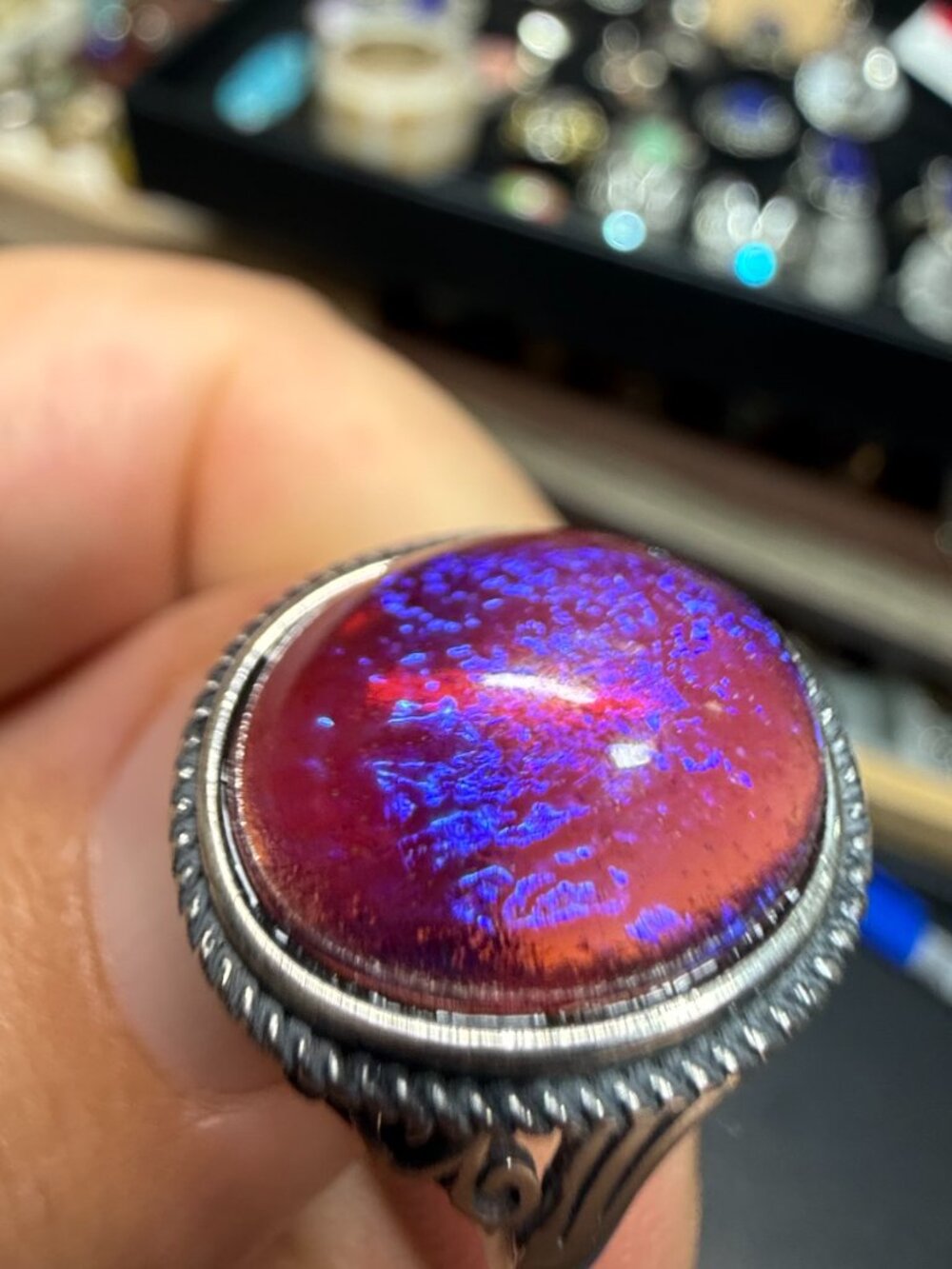 Dragon’s Breath Opal Glass Ring, Adjustable 925 Sterling Silver